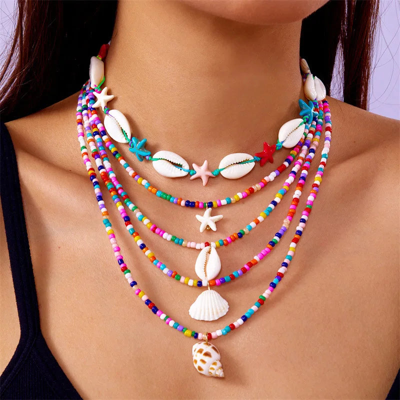 BRAC24 - Factory Direct New Summer Collection Starfish Shell Conch Rice Bead 5-Piece Multi-Layer Joker Necklace Fashion Forward Female