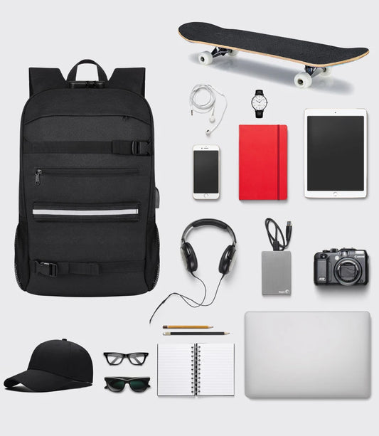 A06 - Skateboard Backpack Anti-theft Password Lock USB Charging Shoulder Bag