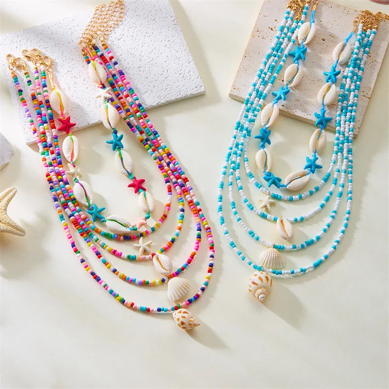 BRAC24 - Factory Direct New Summer Collection Starfish Shell Conch Rice Bead 5-Piece Multi-Layer Joker Necklace Fashion Forward Female