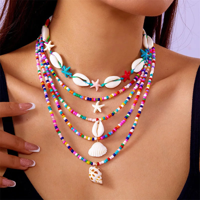 BRAC24 - Factory Direct New Summer Collection Starfish Shell Conch Rice Bead 5-Piece Multi-Layer Joker Necklace Fashion Forward Female