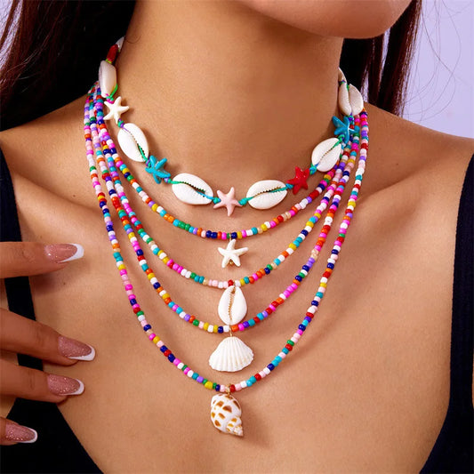 BRAC24 - Factory Direct New Summer Collection Starfish Shell Conch Rice Bead 5-Piece Multi-Layer Joker Necklace Fashion Forward Female
