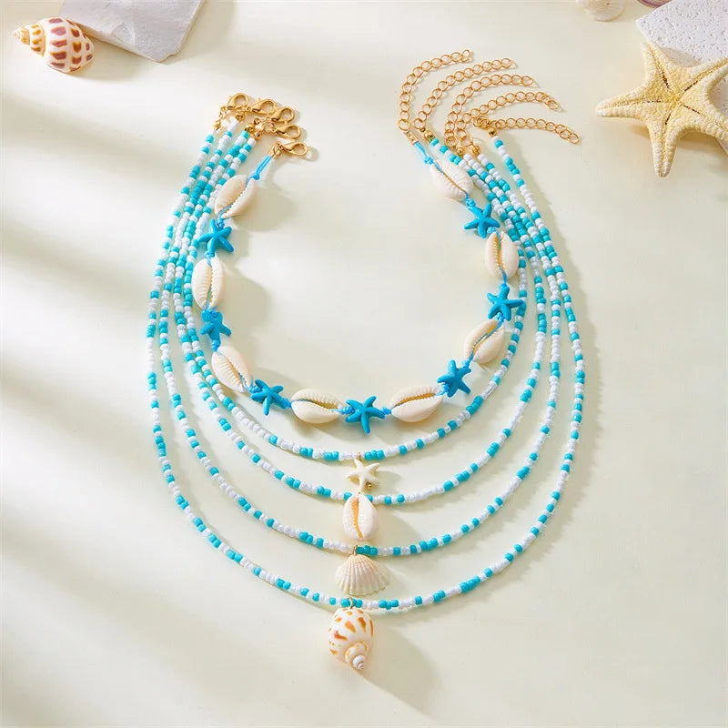 BRAC24 - Factory Direct New Summer Collection Starfish Shell Conch Rice Bead 5-Piece Multi-Layer Joker Necklace Fashion Forward Female