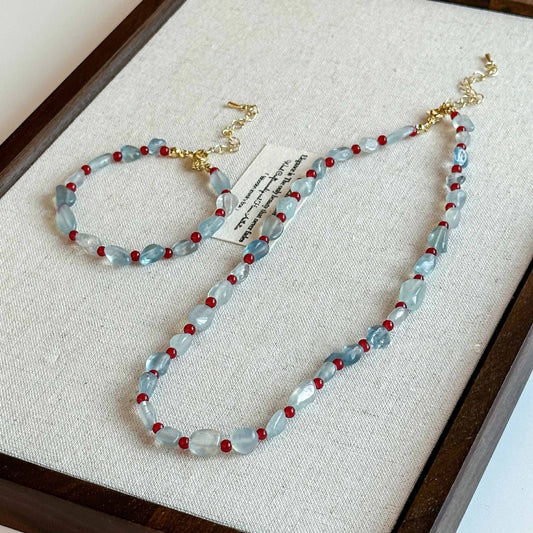 BRAC22 - Set di collana e bracciale con perline di agata rossa