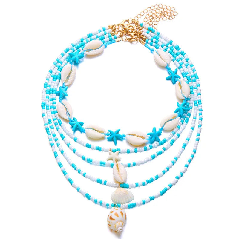 BRAC24 - Factory Direct New Summer Collection Starfish Shell Conch Rice Bead 5-Piece Multi-Layer Joker Necklace Fashion Forward Female
