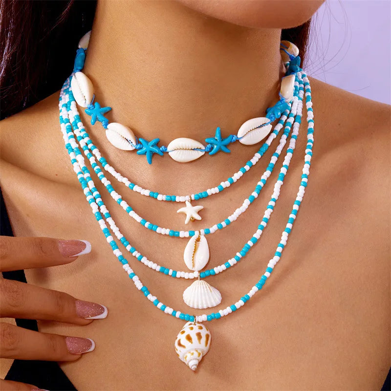 BRAC24 - Factory Direct New Summer Collection Starfish Shell Conch Rice Bead 5-Piece Multi-Layer Joker Necklace Fashion Forward Female