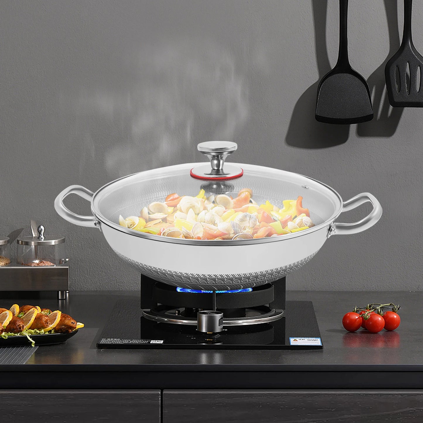 COTS - Padella in acciaio inox da 33,5*9,4 cm con coperchio antiaderente