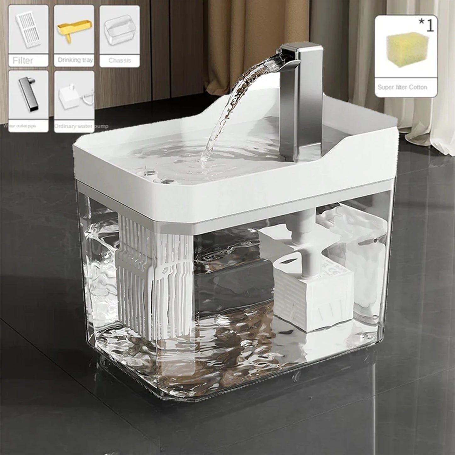 P03 - Cat Water Fountain Auto Filter Transparent Cat Drinker USB