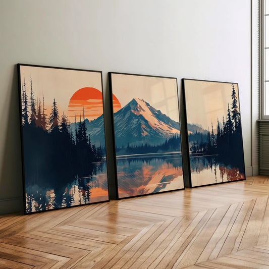 DECOM - Set di 3 poster su tela con tramonto sul Monte Rainier