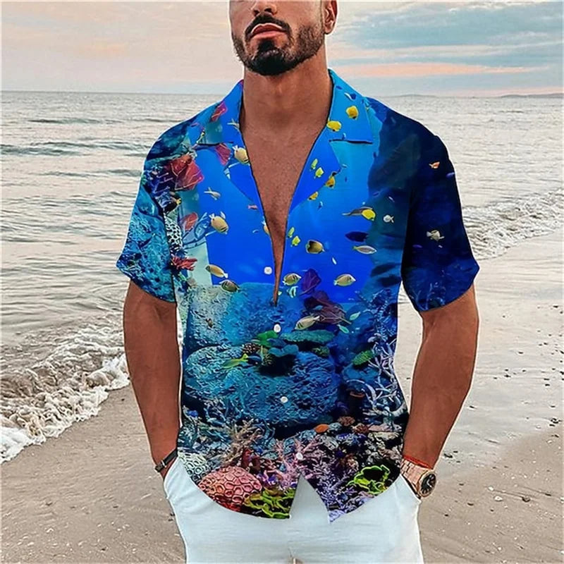 HAWAIA03 - Camicie da uomo con stampa hawaiana di pesci
