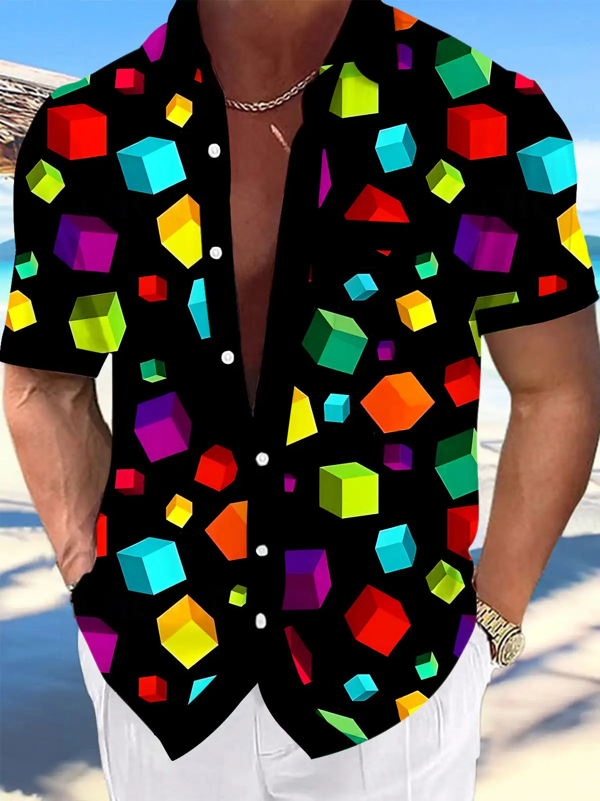 HAWAIA05 - Camicia a maniche corte con bottoni stampata