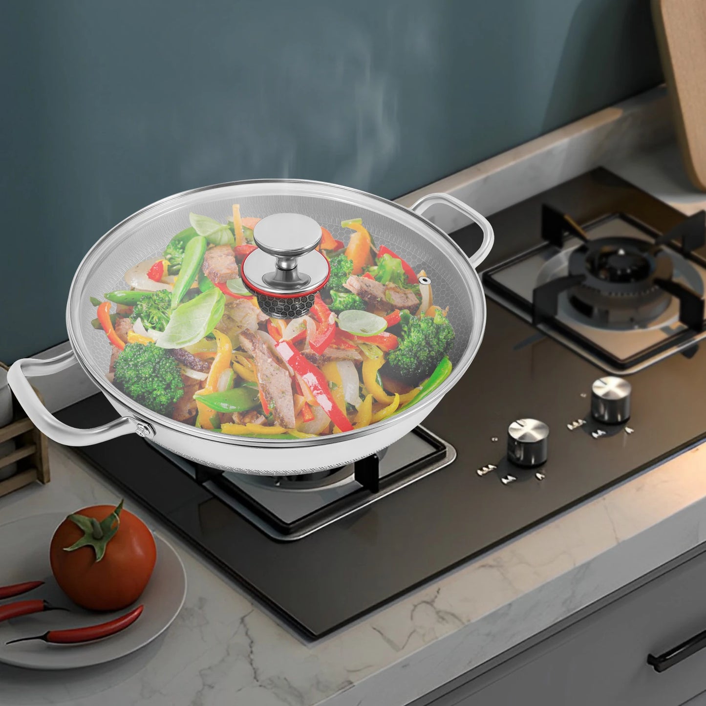 COTS - Padella in acciaio inox da 33,5*9,4 cm con coperchio antiaderente
