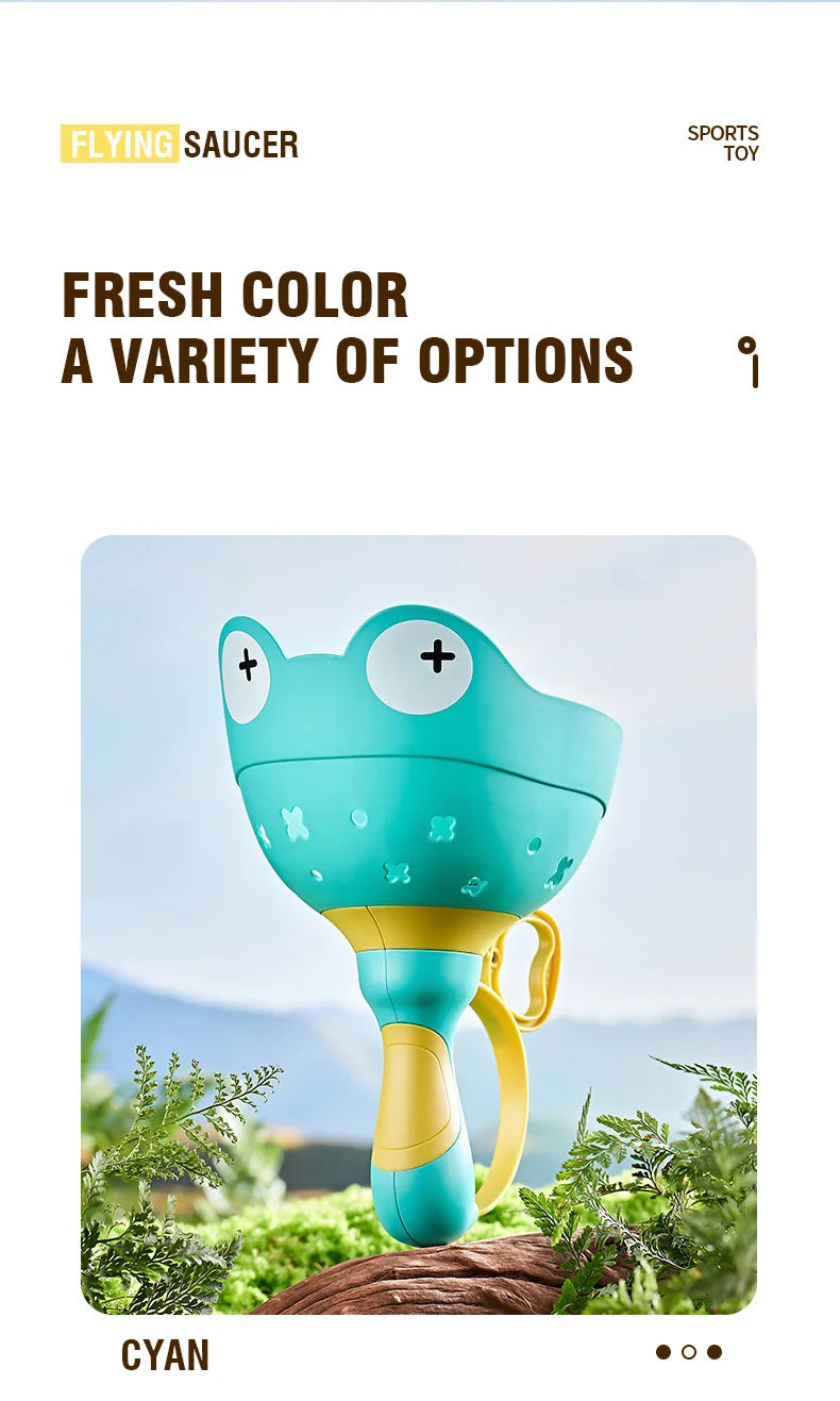 T15 - Kids Flying Saucer Disc Launcher Frog Catapult Flying Toys Pull String UFO