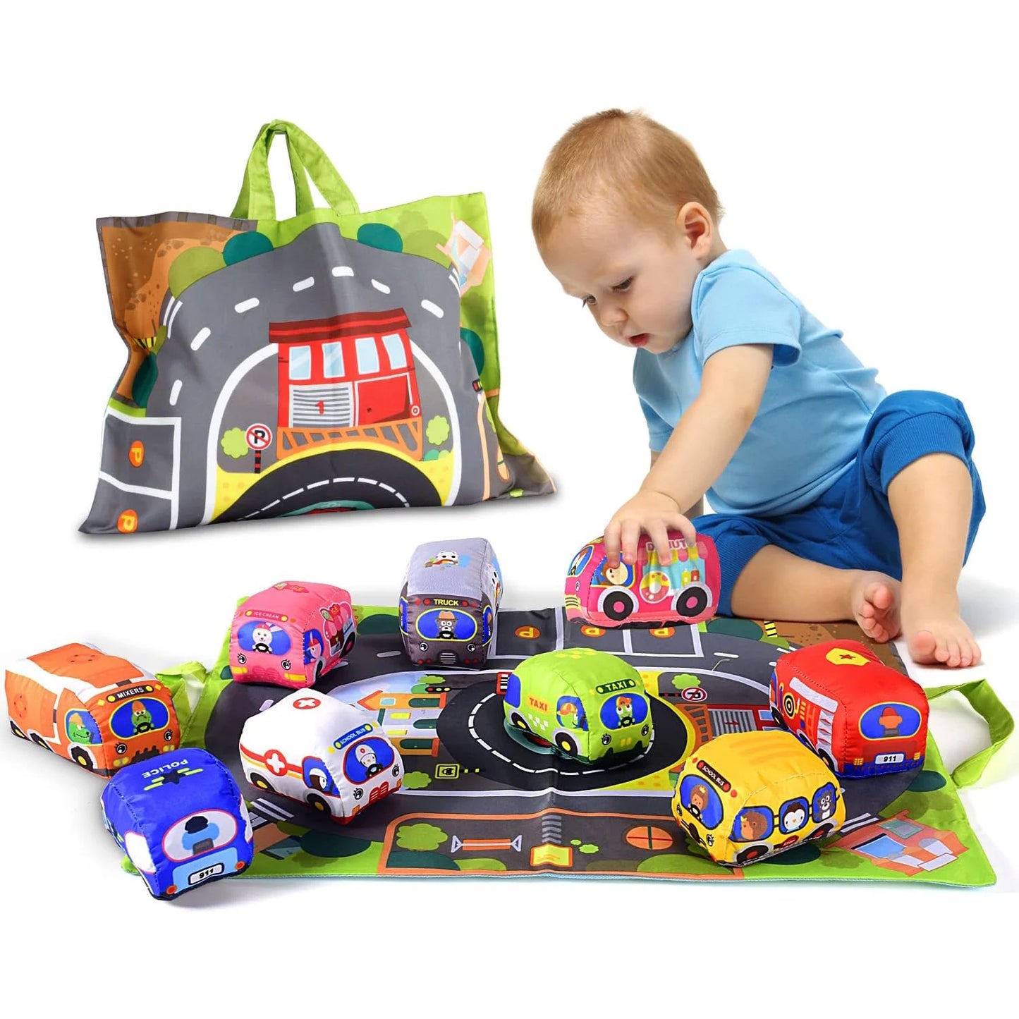 T12 - Soft Car Toy Set with Play Mat and 9pcs Vehicle