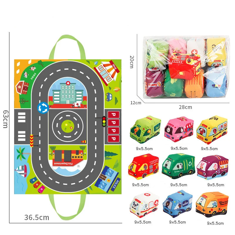 T12 - Soft Car Toy Set with Play Mat and 9pcs Vehicle