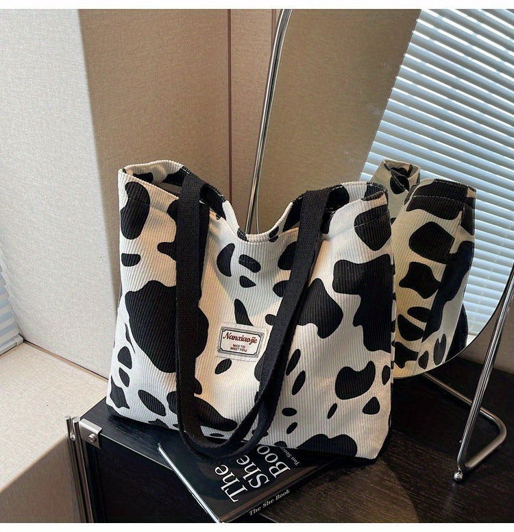 SHOP07 - Borsa tote in velluto a coste con stampa mucca