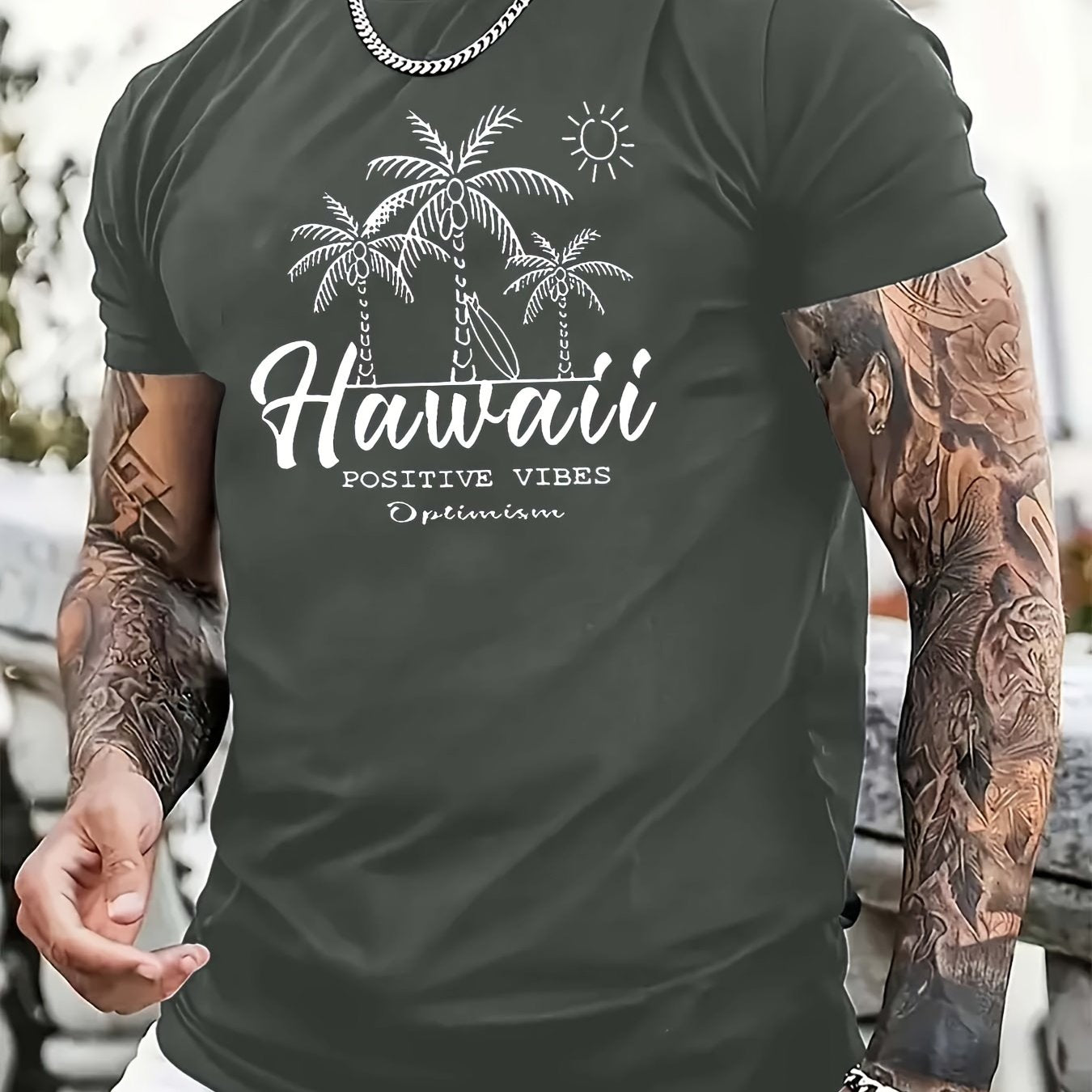 TSHIRT05 - T-shirt casual da uomo in cotone 100% con stampa Hawaii