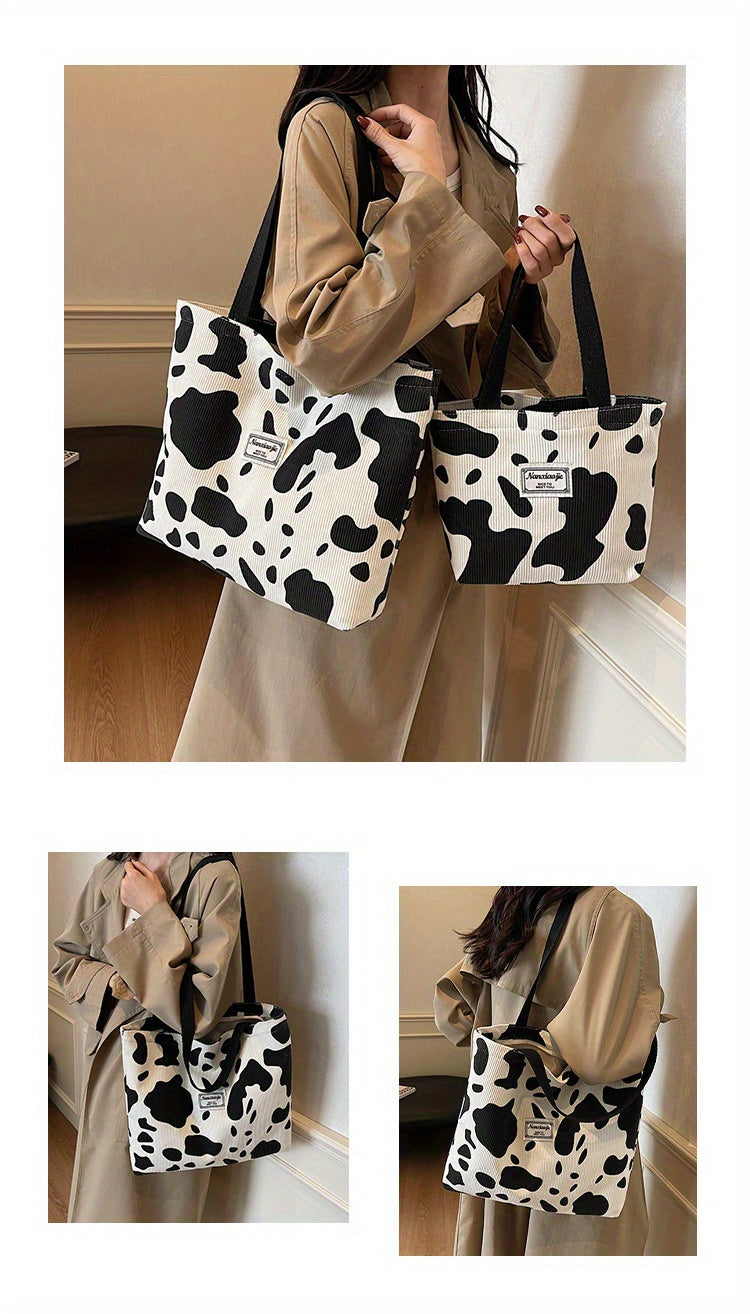 SHOP07 - Borsa tote in velluto a coste con stampa mucca