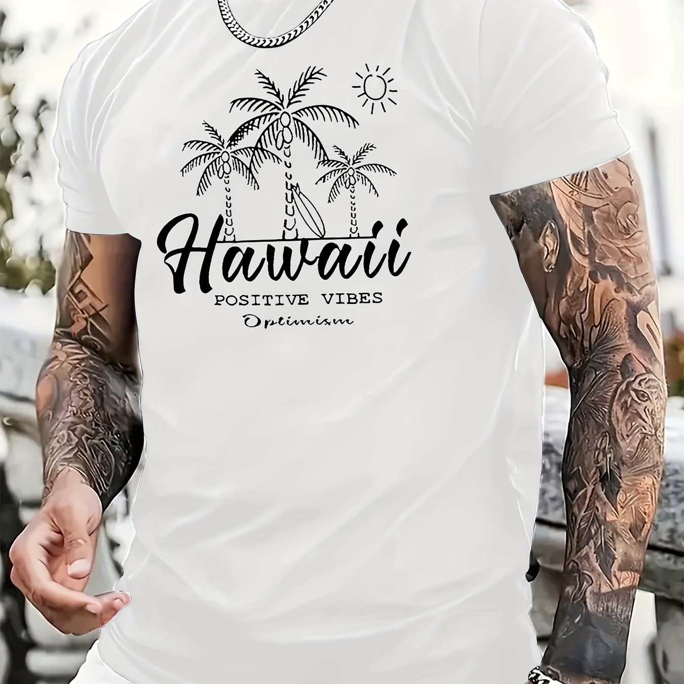 TSHIRT05 - T-shirt casual da uomo in cotone 100% con stampa Hawaii