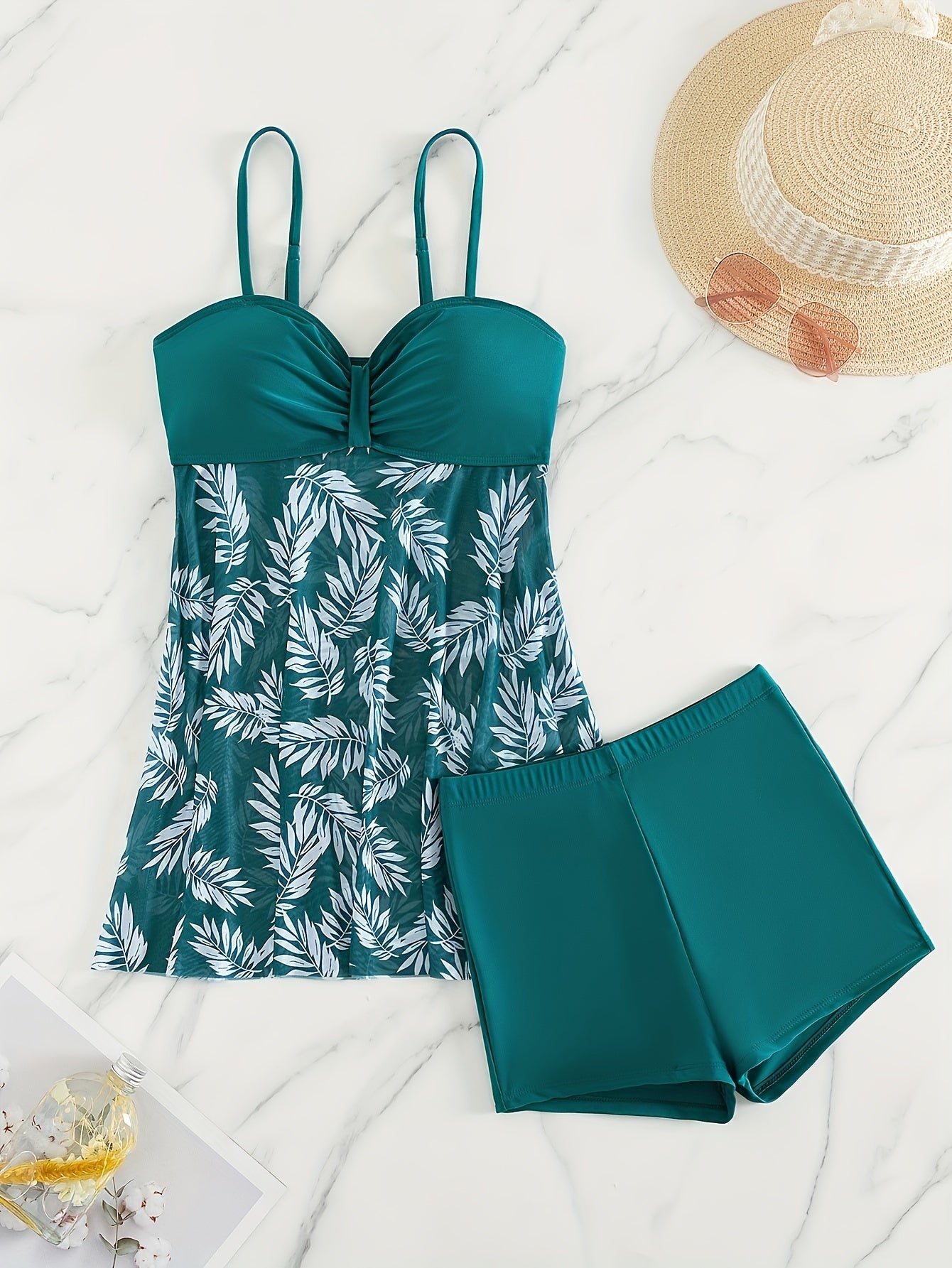 BSGIRL03 - Swim Classic Tropical Print Pleated Tankini Two Piece Swimsuit