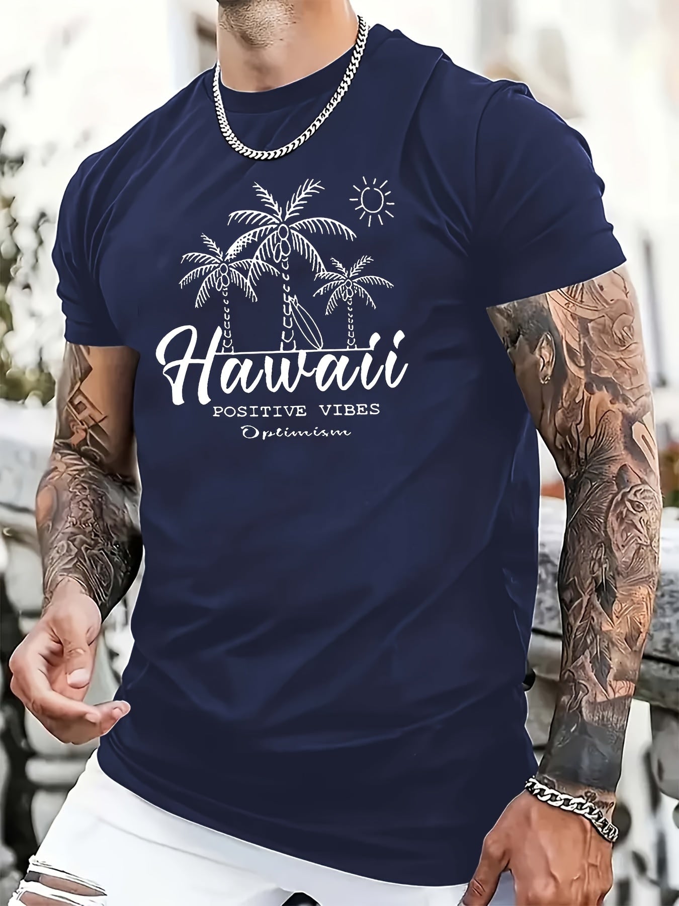 TSHIRT05 - T-shirt casual da uomo in cotone 100% con stampa Hawaii