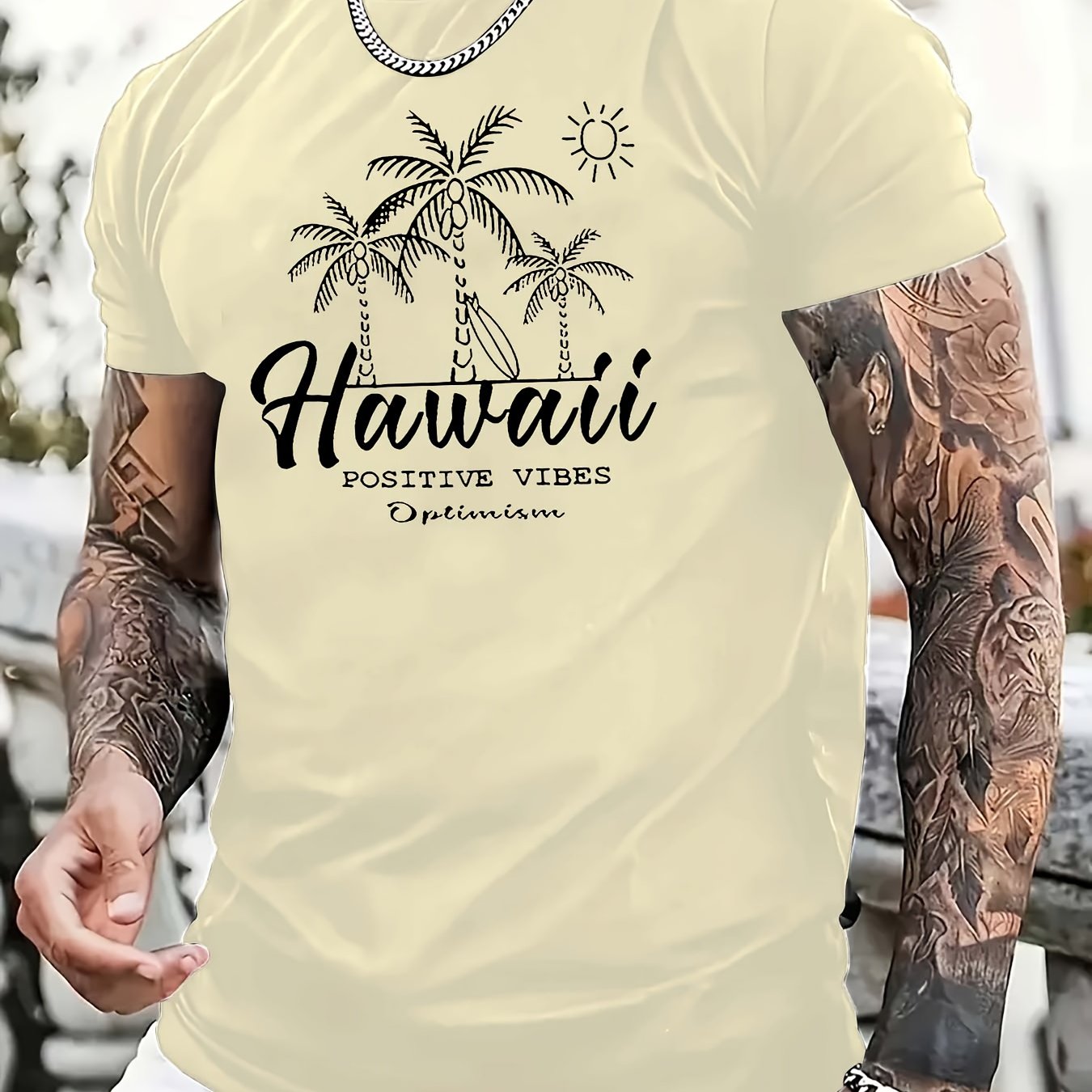 TSHIRT05 - T-shirt casual da uomo in cotone 100% con stampa Hawaii