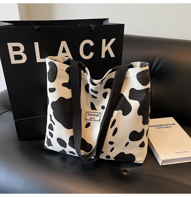 SHOP07 - Borsa tote in velluto a coste con stampa mucca