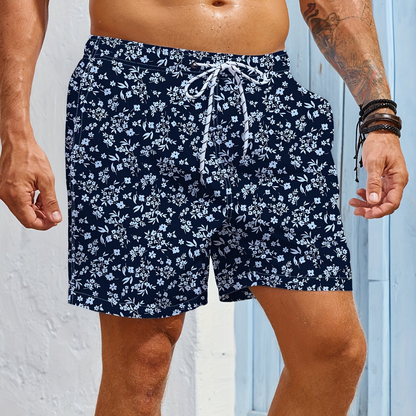 BSMENF12 - Pantaloncini da spiaggia leggeri da uomo con stampa floreale