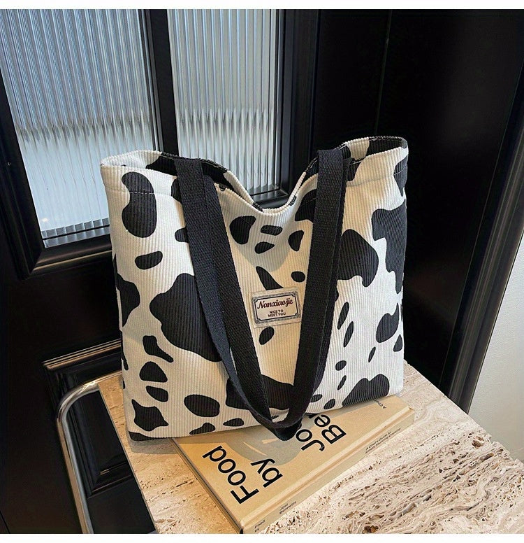 SHOP07 - Borsa tote in velluto a coste con stampa mucca