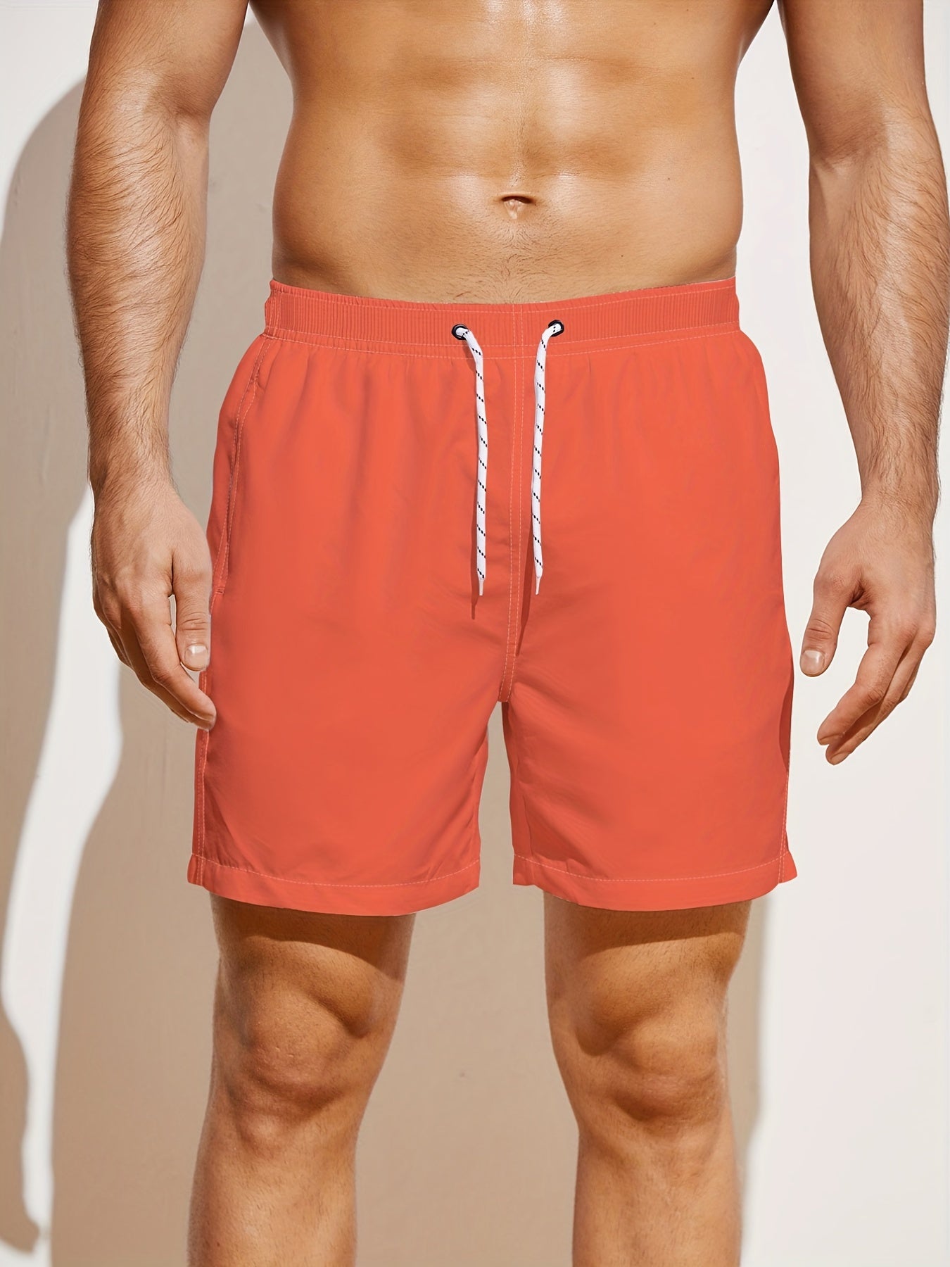 BSMENF20 - Pantaloncini da spiaggia da uomo tinta unita con coulisse e tasche bianche