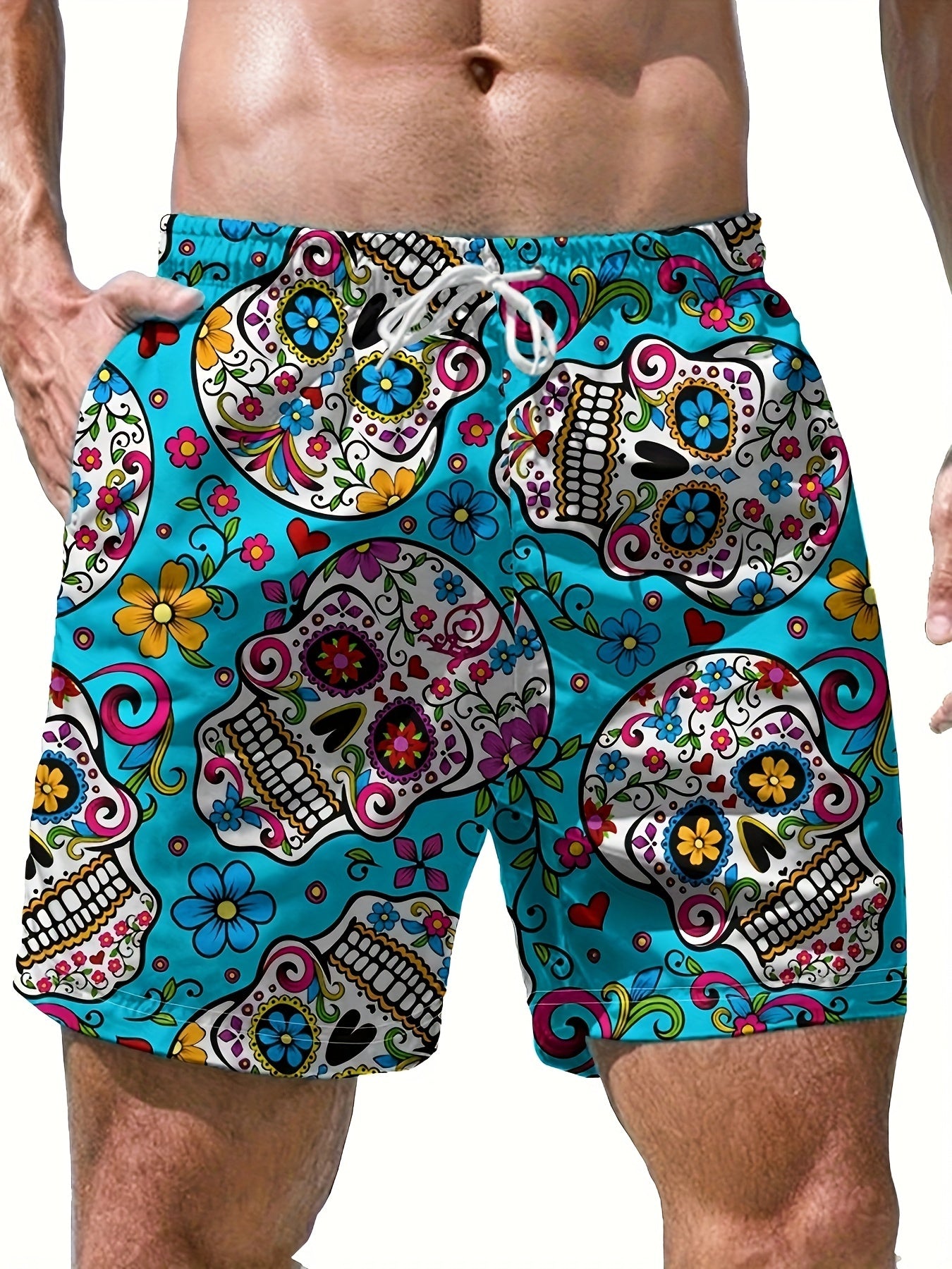 BSMENF15 -  Pantaloncini da bagno con stampa floreale e teschio