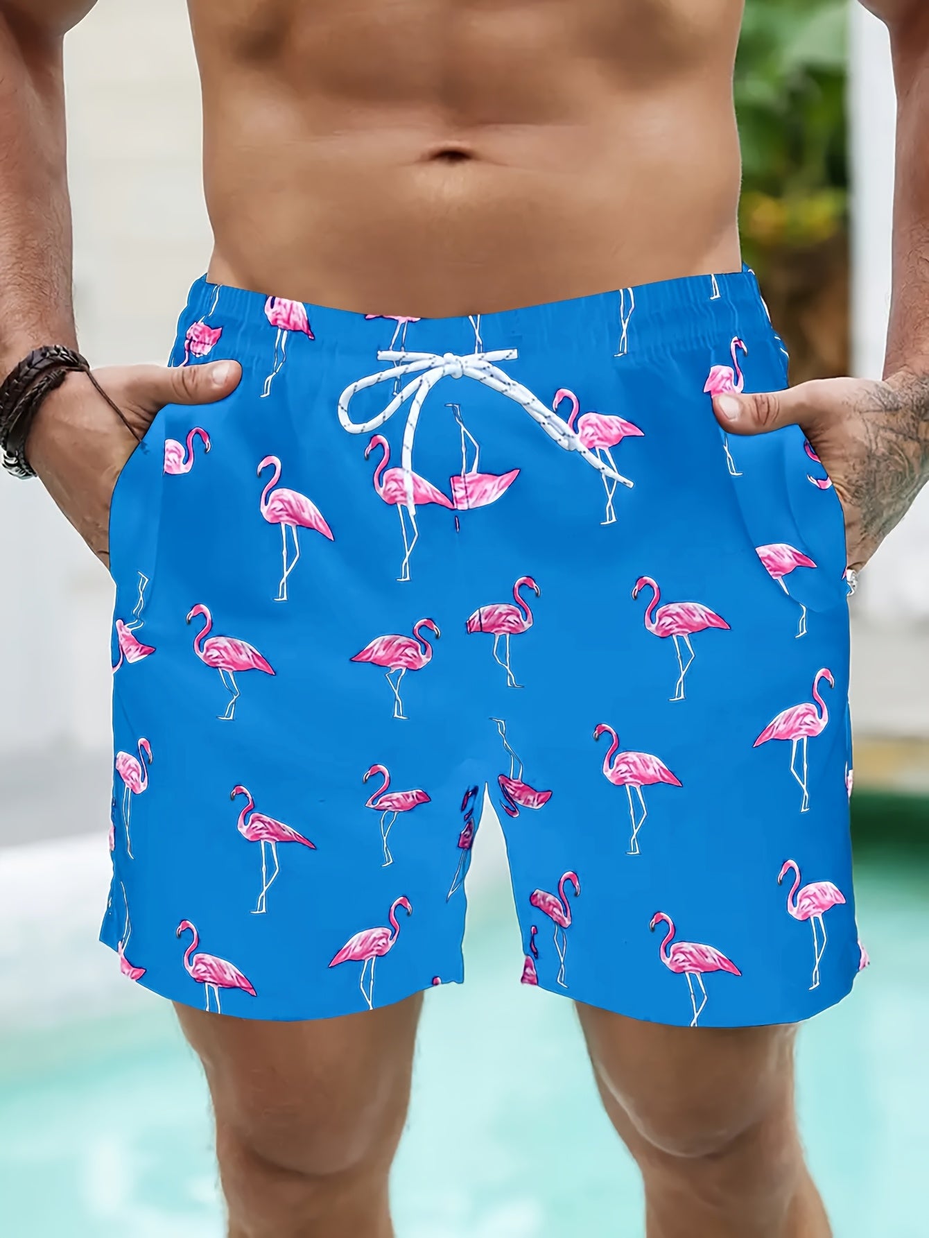 BSMENF02 - Pantaloncini da spiaggia con coulisse e stampa fenicotteri