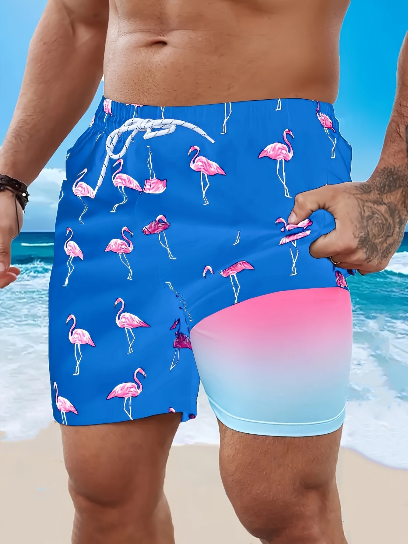 BSMENF02 - Pantaloncini da spiaggia con coulisse e stampa fenicotteri