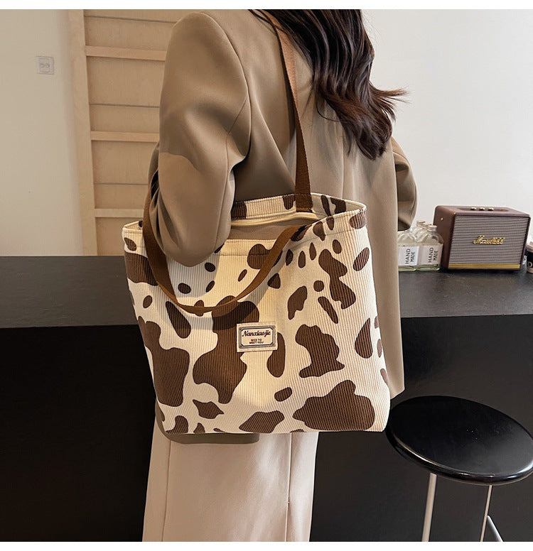 SHOP07 - Borsa tote in velluto a coste con stampa mucca