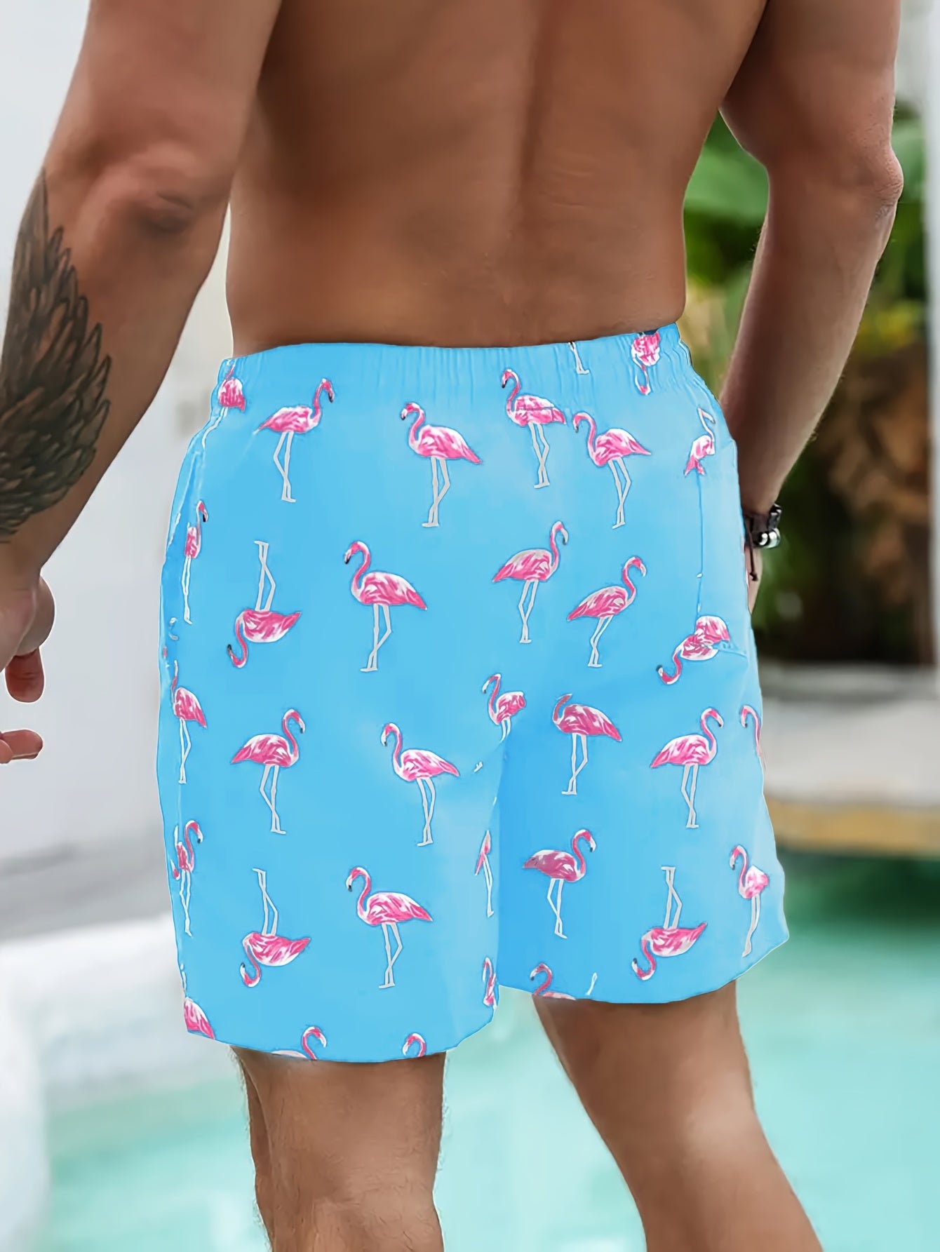 BSMENF02 - Pantaloncini da spiaggia con coulisse e stampa fenicotteri