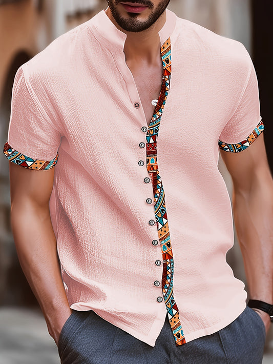 HAWAIA15 - Camicia da uomo con colletto alla coreana, maniche corte