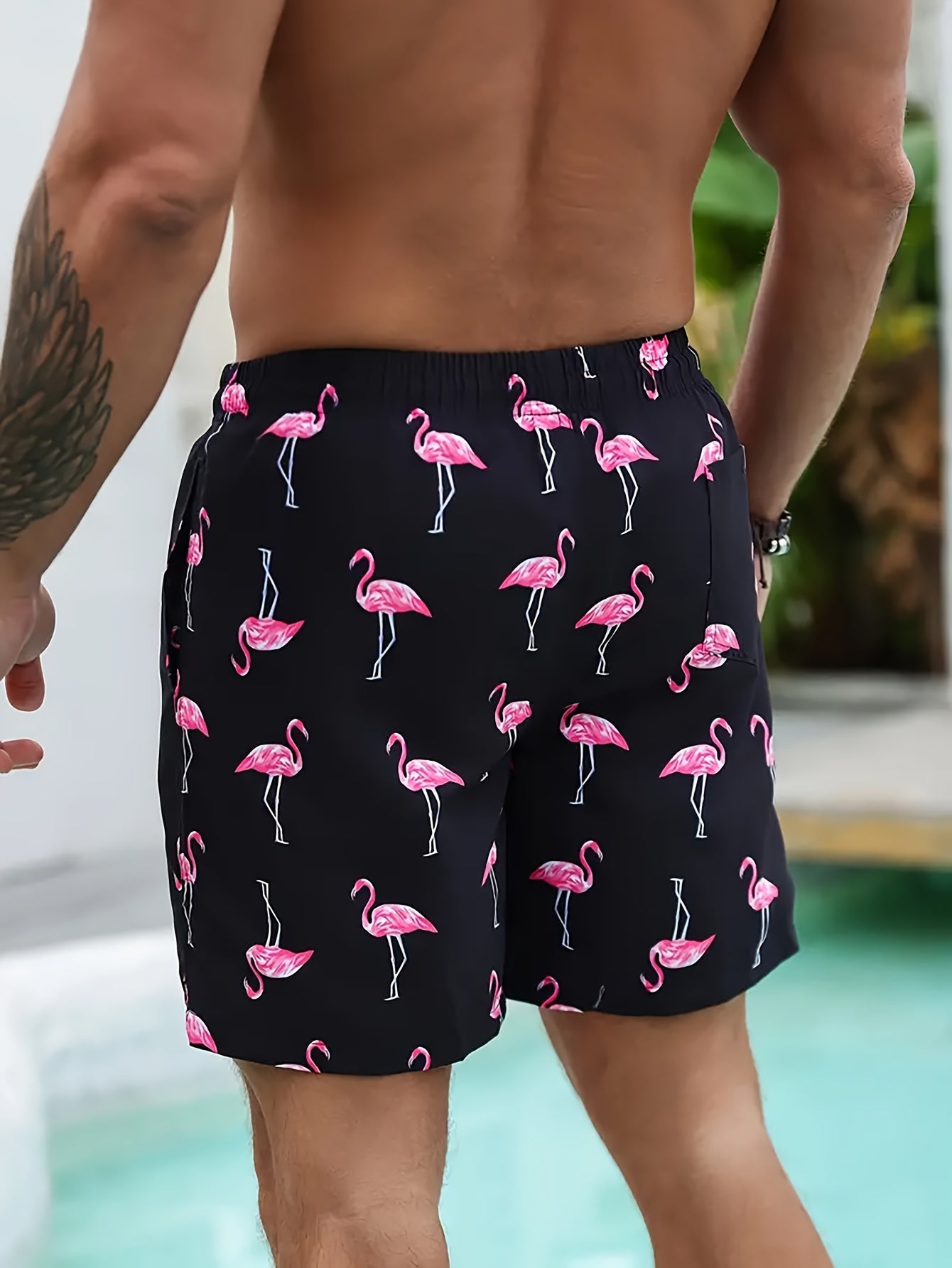 BSMENF02 - Pantaloncini da spiaggia con coulisse e stampa fenicotteri