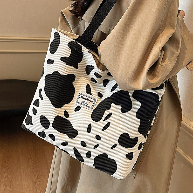 SHOP07 - Borsa tote in velluto a coste con stampa mucca