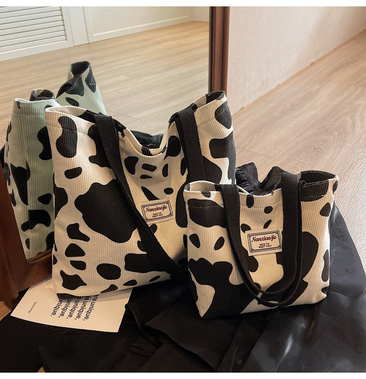 SHOP07 - Borsa tote in velluto a coste con stampa mucca